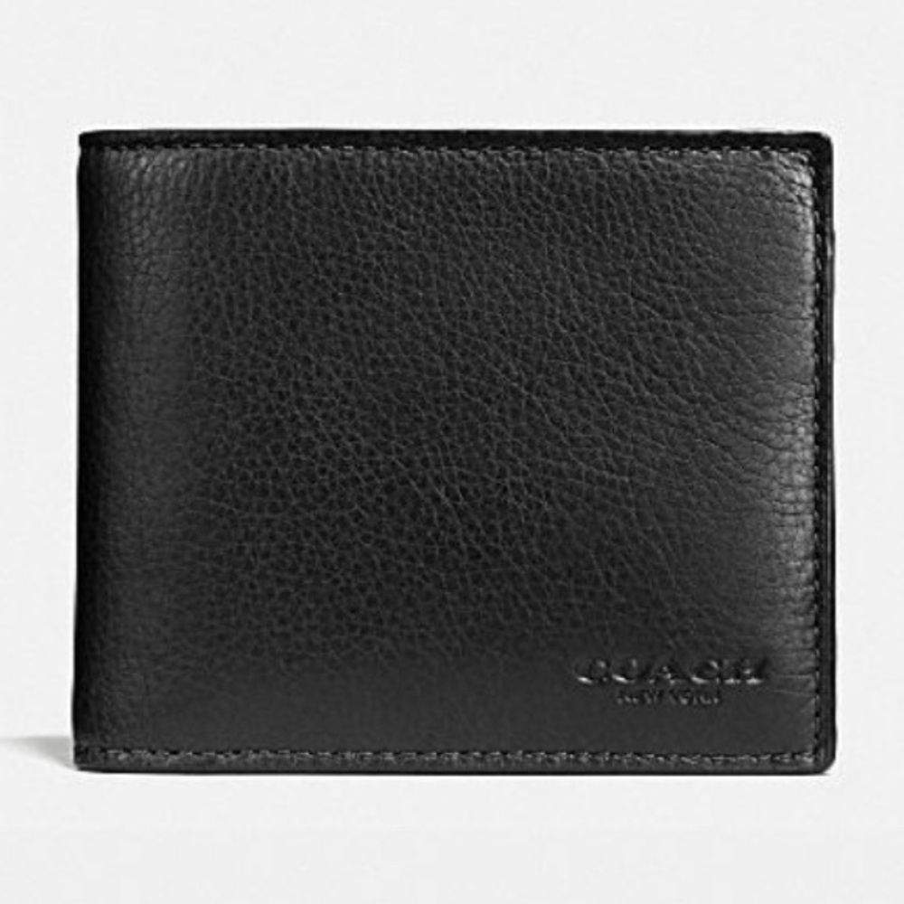 Men’s black leather Coach 3 in 1 wallet NWT. ID card holder slides out
